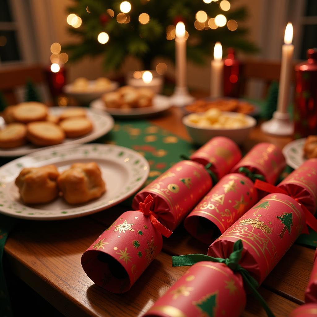 Christmas crackers with whistles arranged on a festive table setting