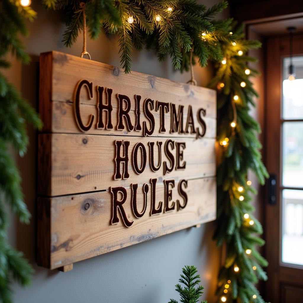 Bảng hiệu gỗ mộc mạc với dòng chữ "Christmas House Rules"