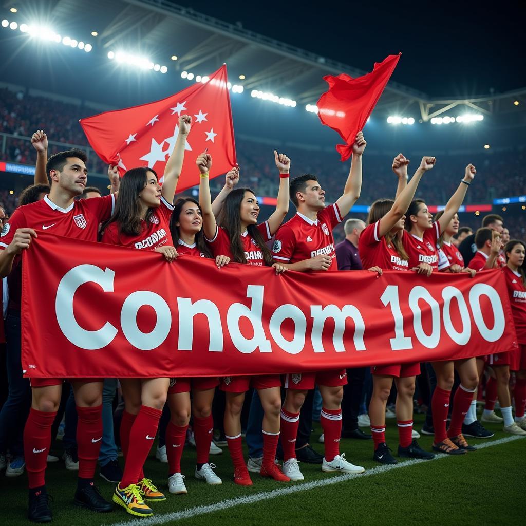 Hình ảnh người hâm mộ cuồng nhiệt trên khán đài với biểu ngữ "Condom 1000" thể hiện tình yêu bóng đá.