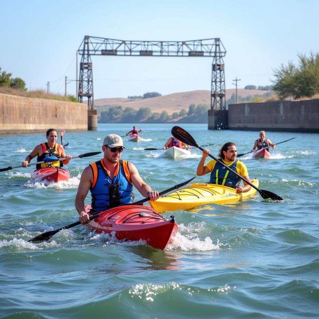 Cuộc đua chèo thuyền kayak Paddle for the Border 2024: Hình ảnh các vận động viên đang tham gia cuộc đua, vượt qua những con sóng mạnh mẽ trên vùng nước biên giới.