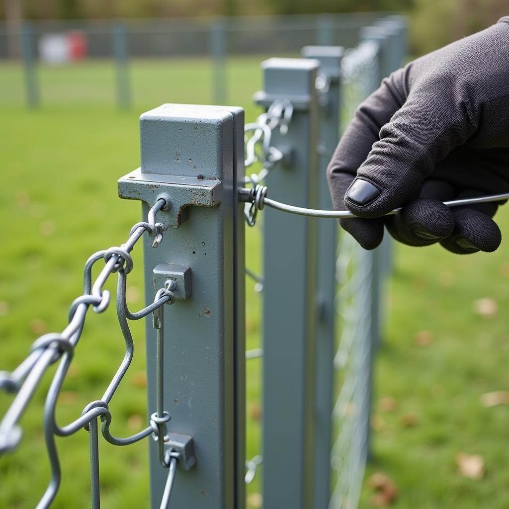 Using wire ties to secure a metal fence