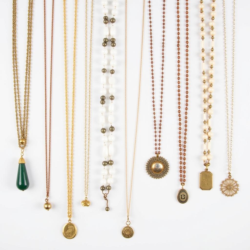 Various designs of long back necklaces showcasing different lengths and embellishments