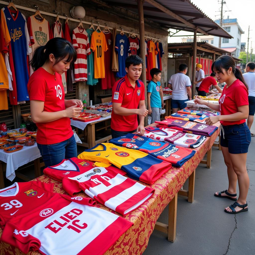 Đội Bóng Đá fans shopping for merchandise at a local market.