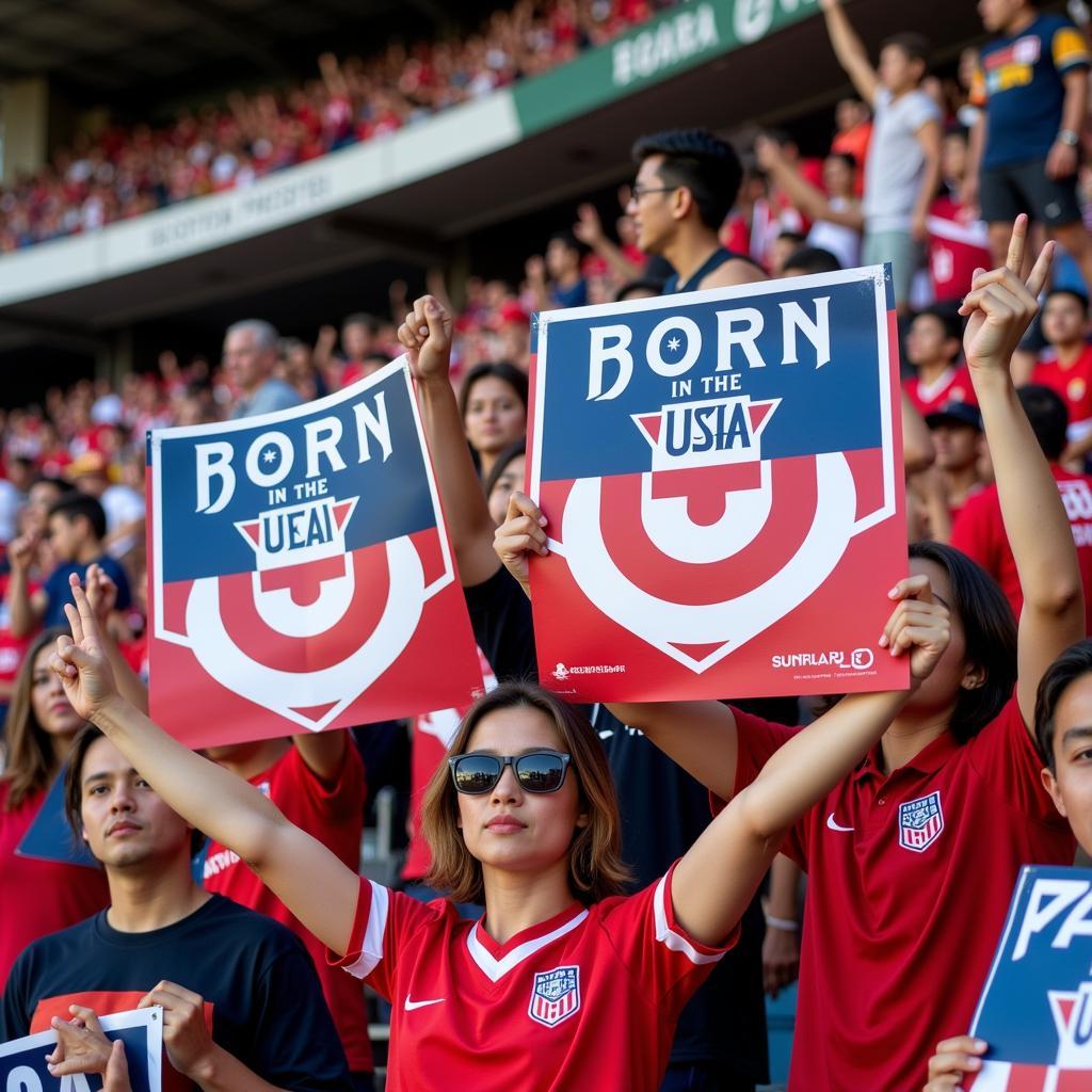 Fans Displaying Born in the USA Posters at a "Đội Bóng Đá" Match