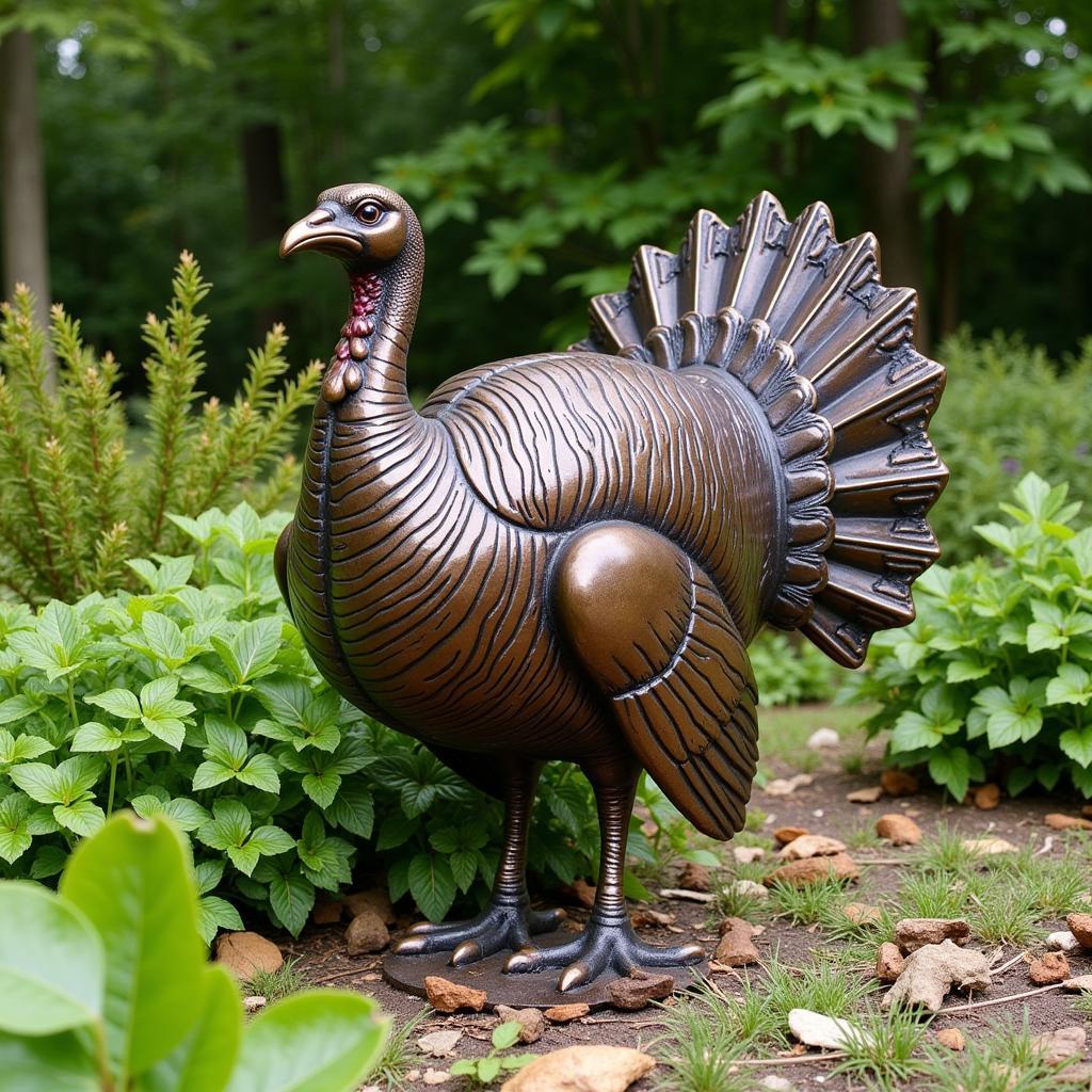 Outdoor Bronze Turkey Statue in a Garden