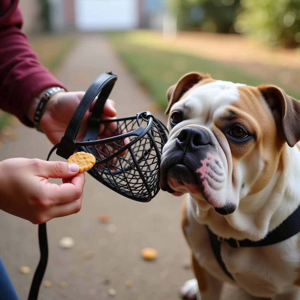 English Bulldog being introduced to a muzzle