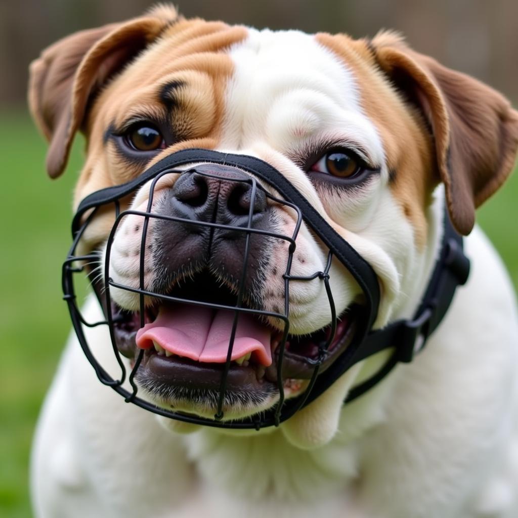 English Bulldog wearing a basket muzzle