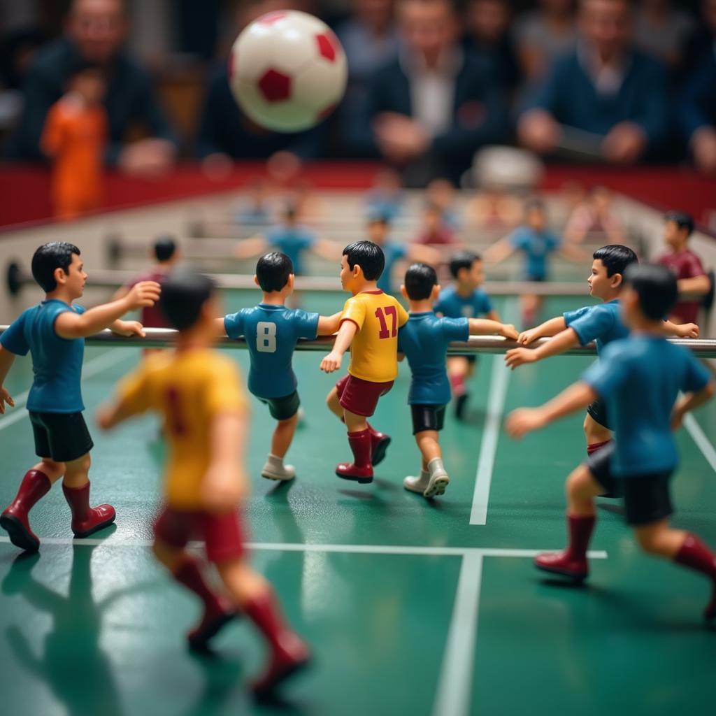 Foosball Table Men in Action During Gameplay