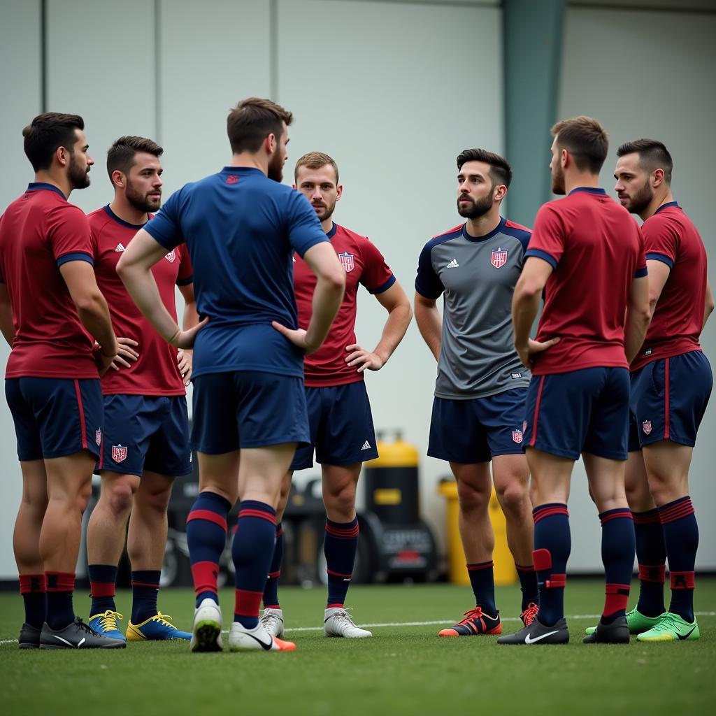 Football team brainstorming solutions during scrum shorts