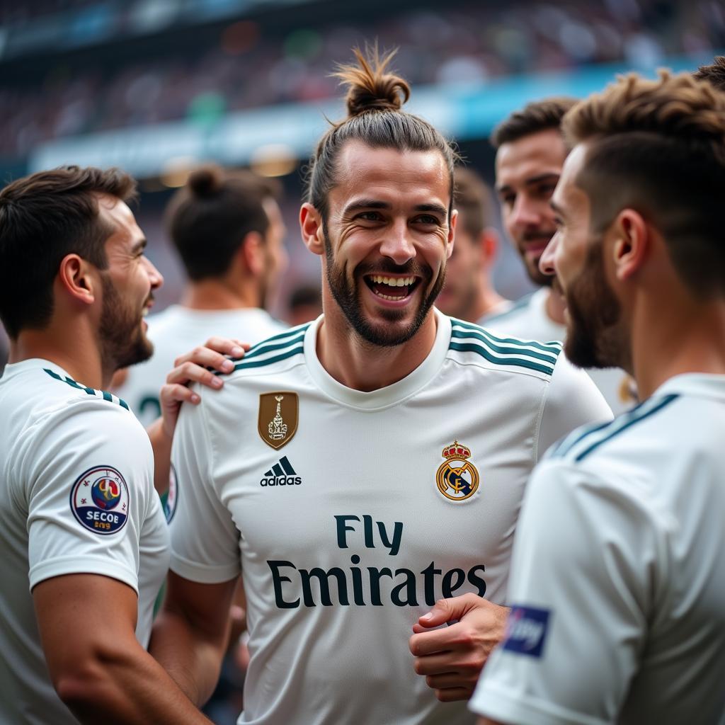 Gareth Bale celebrating a goal with his teammates while wearing the Real Madrid shirt.