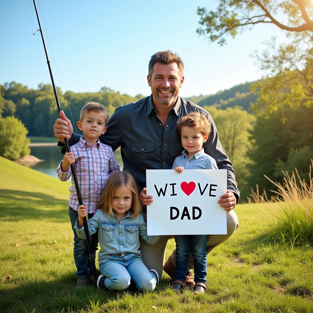 Family posing with outdoor Fathers Day backdrop