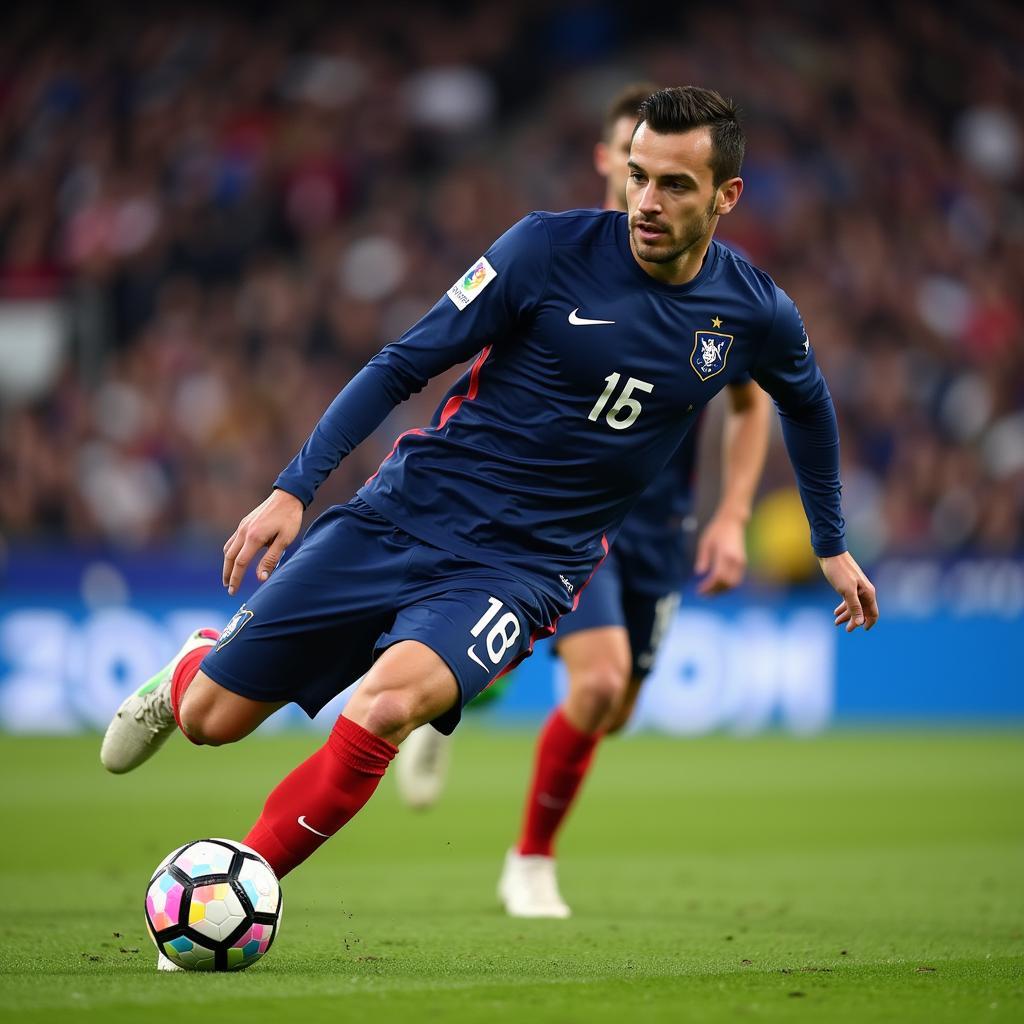 Griezmann in action wearing the long sleeve France jersey