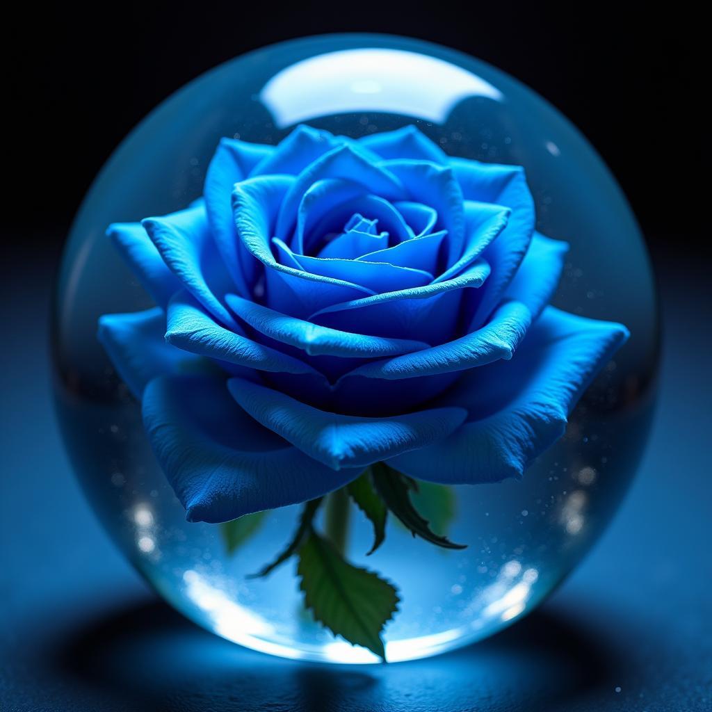 Blue rose in a glass ball, symbolizing eternal beauty and impossible love.