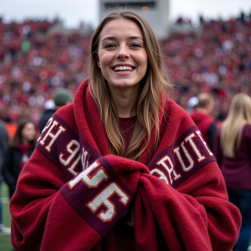 Hokie Fan Wrapped in a Virginia Tech Blanket at a Game