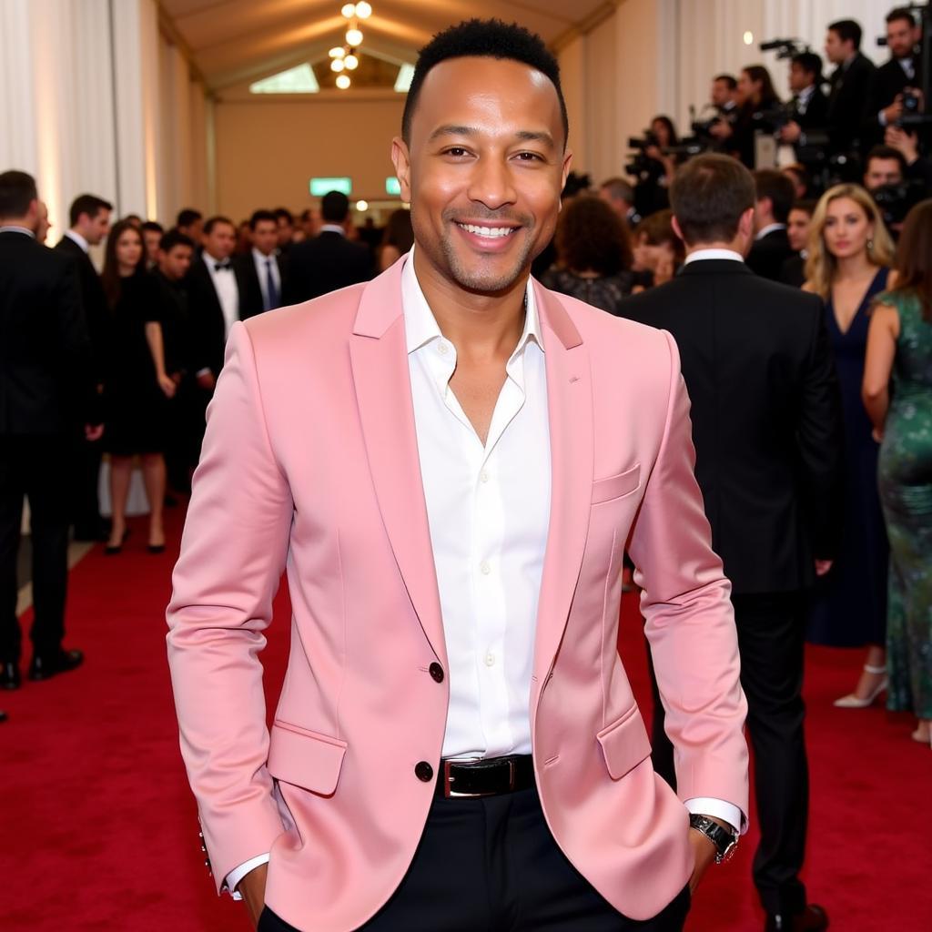 John Legend in a pink suit jacket on the red carpet.