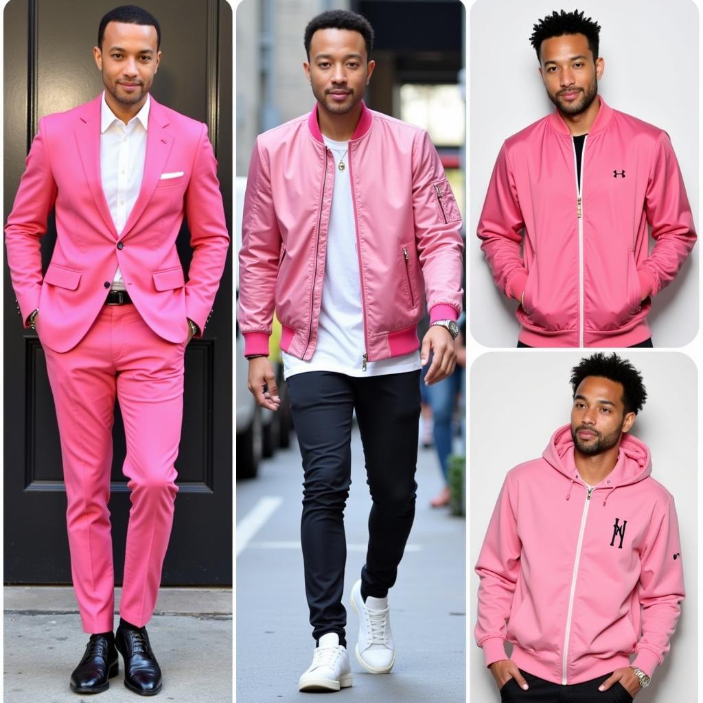 Collage of John Legend in different pink jacket styles.