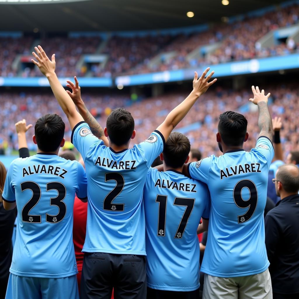 Man City fans wearing Julian Alvarez jerseys