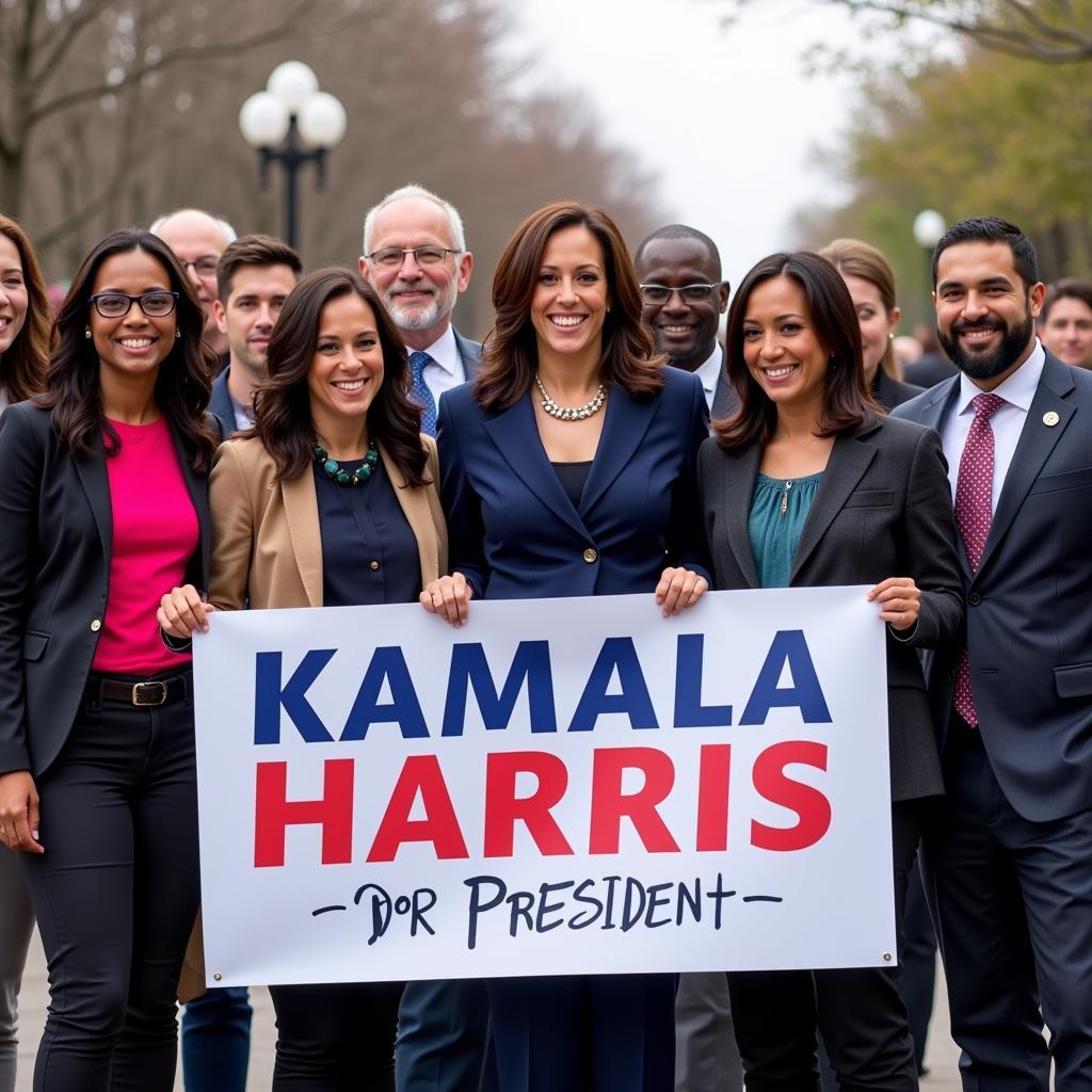 A group of diverse Kamala Harris supporters smiling and holding a banner