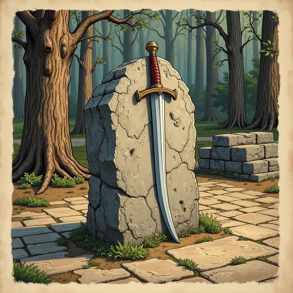 Medieval depiction of the sword in the stone