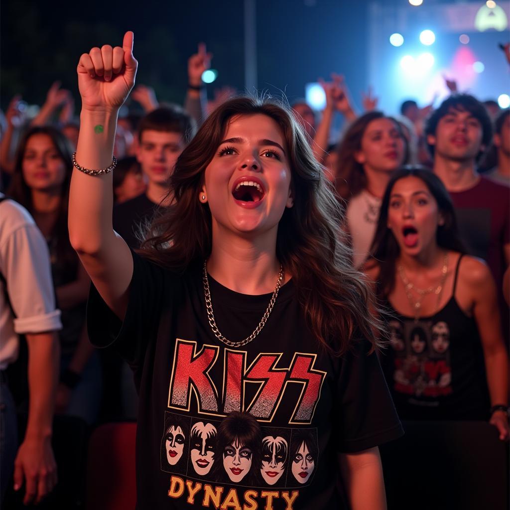 A fan proudly wearing a Kiss Dynasty Shirt at a concert.