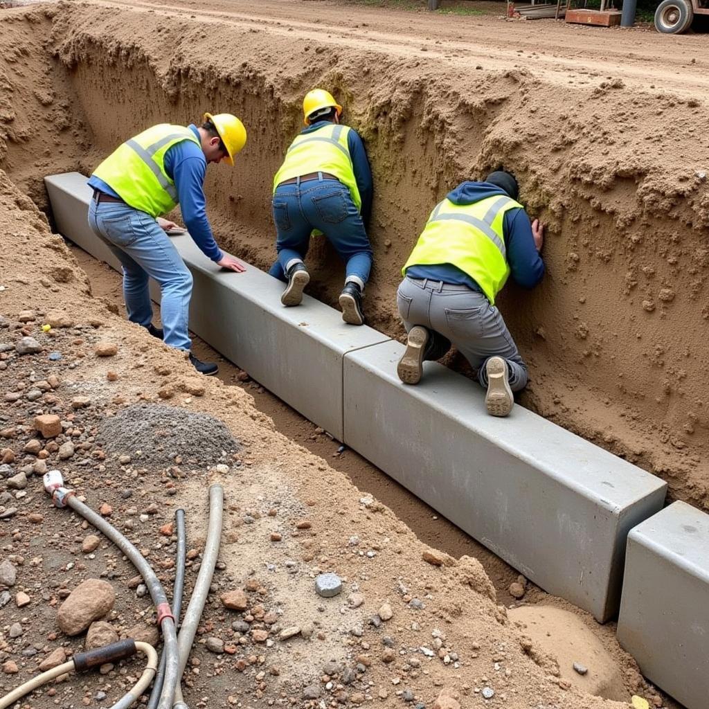 Workers installing concrete warning planks