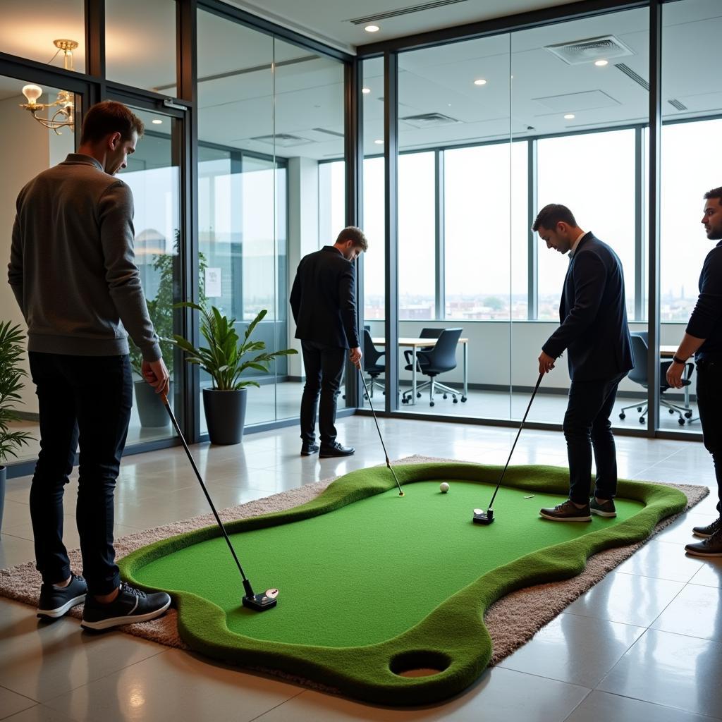 Setting up an electronic putting green in the office