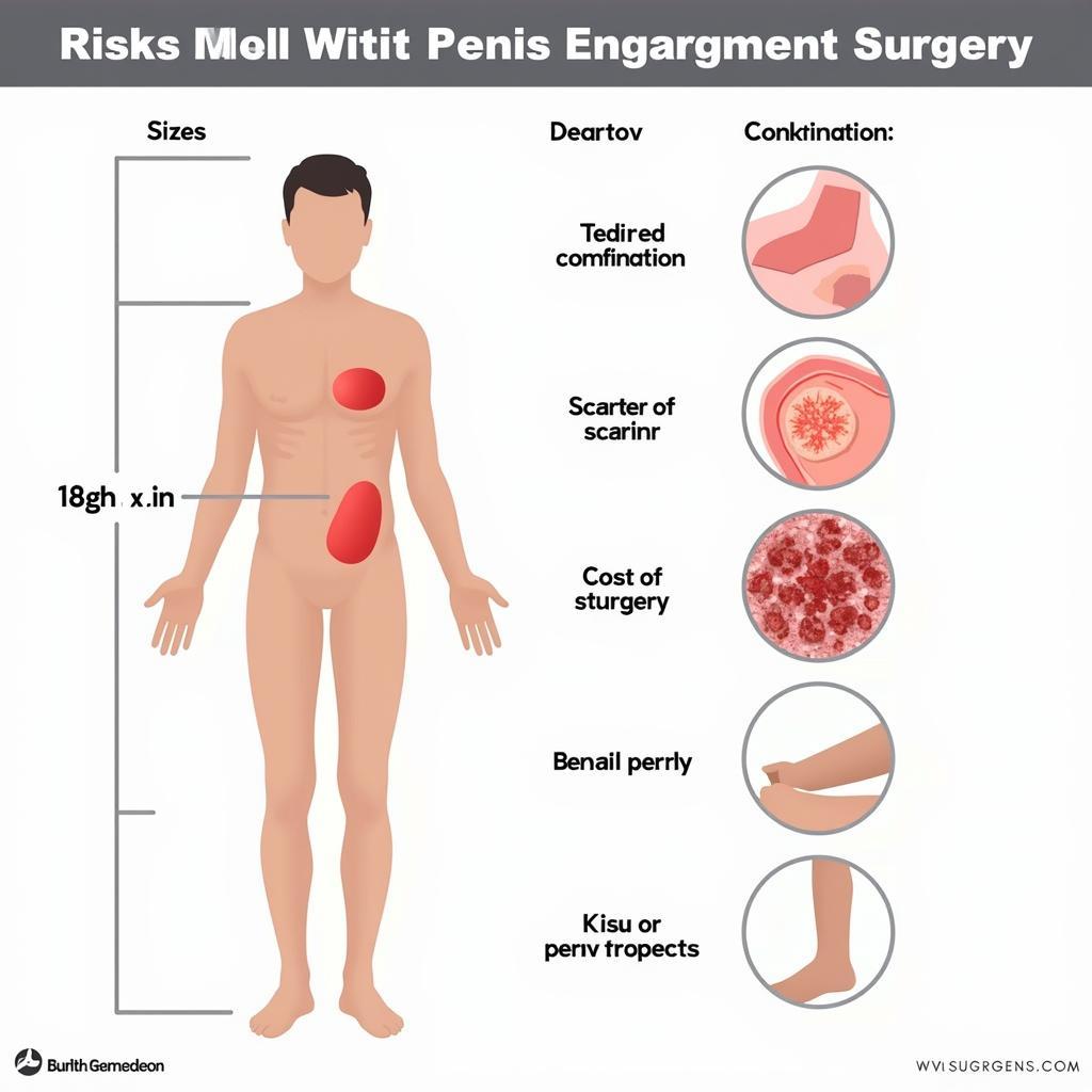Lợi ích và rủi ro của phẫu thuật tăng kích thước dương vật: Hình ảnh minh họa các lợi ích và rủi ro tiềm ẩn của phẫu thuật, bao gồm tăng kích thước, nhiễm trùng, sẹo, và mất cảm giác. 