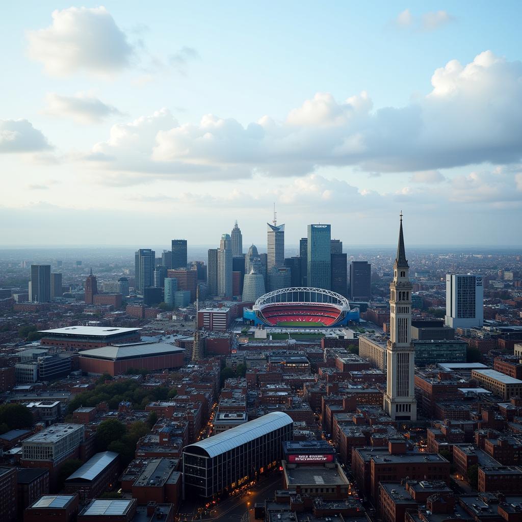 Manchester cityscape with Old Trafford in the distance