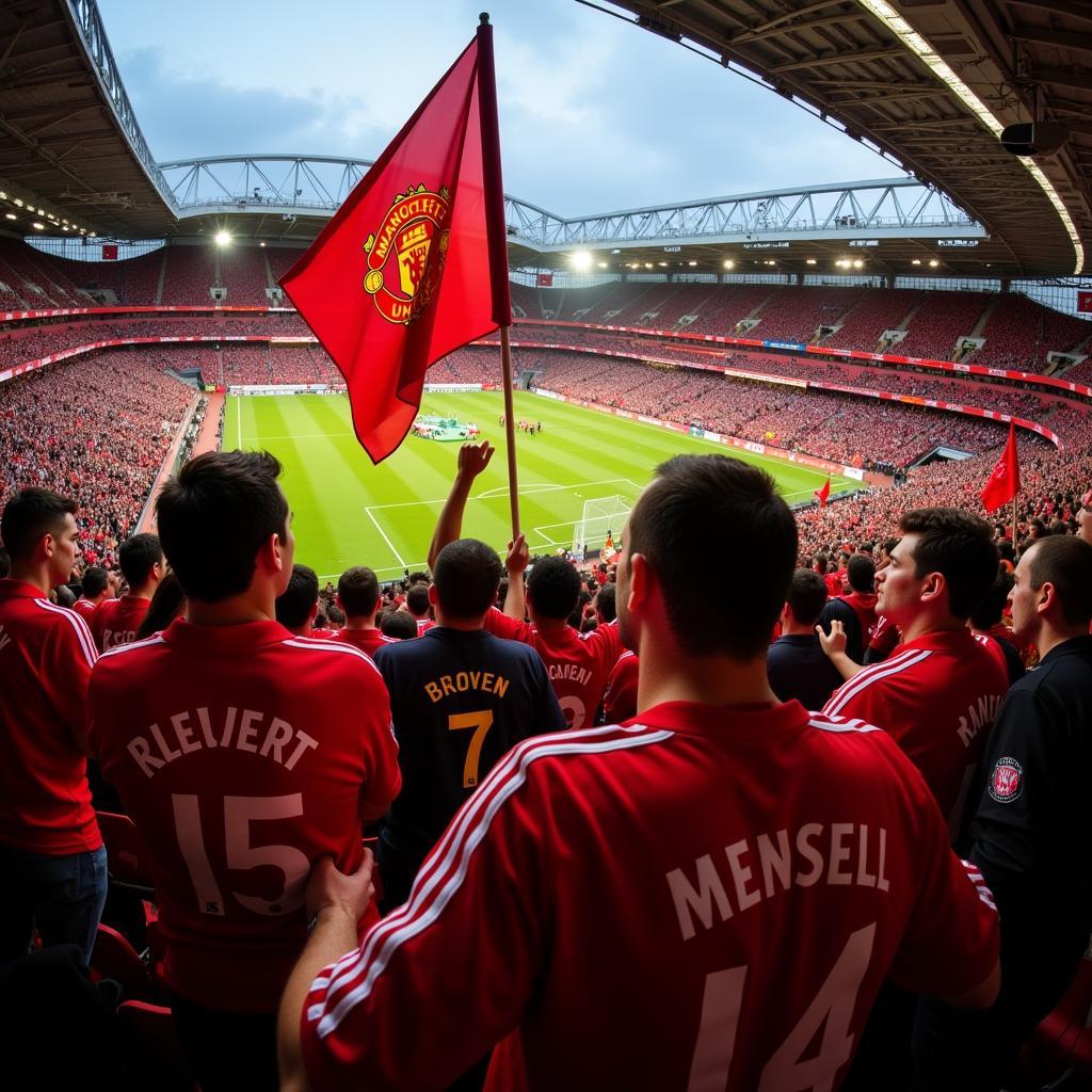 Manchester United fans proudly wearing their 2008-09 jerseys at Old Trafford.