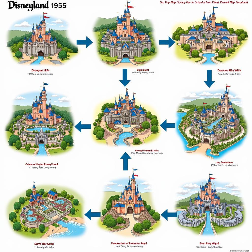 Bản đồ Disneyland nguyên bản thể hiện sự phát triển của công viên theo thời gian.