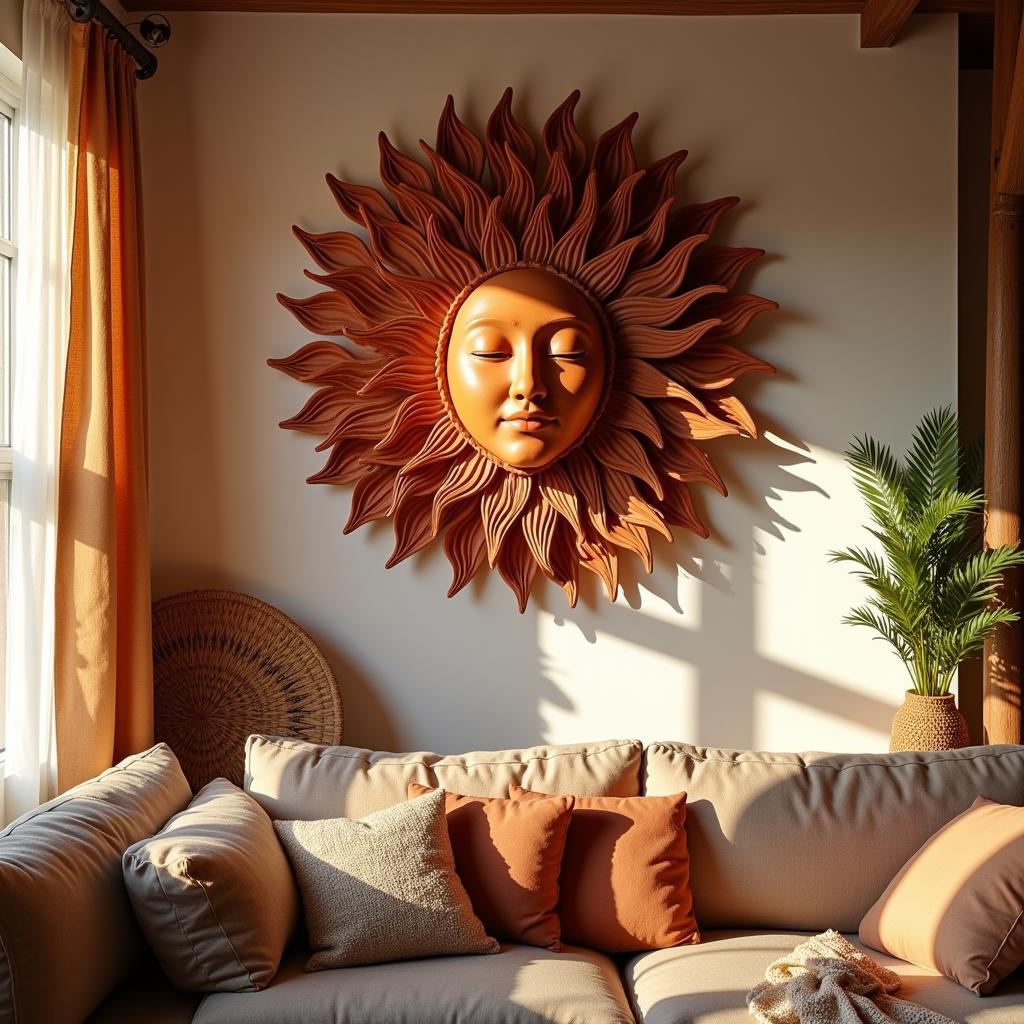 Terracotta Sun Face Wall Hanging in Living Room