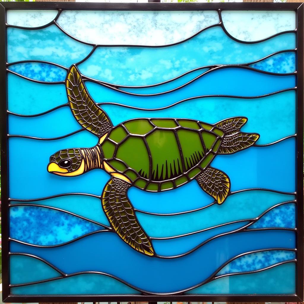 Stained glass pattern featuring a sea turtle swimming gracefully