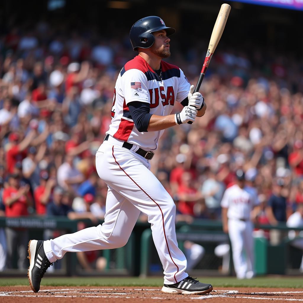 Mike Trout in action wearing his World Baseball Classic jersey