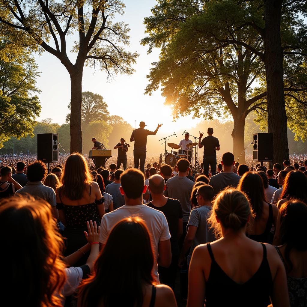 Ban nhạc biểu diễn trên sân khấu tại Music in the Park Campbell