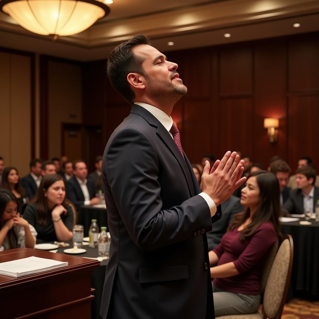 A man leading prayer at a prayer breakfast.