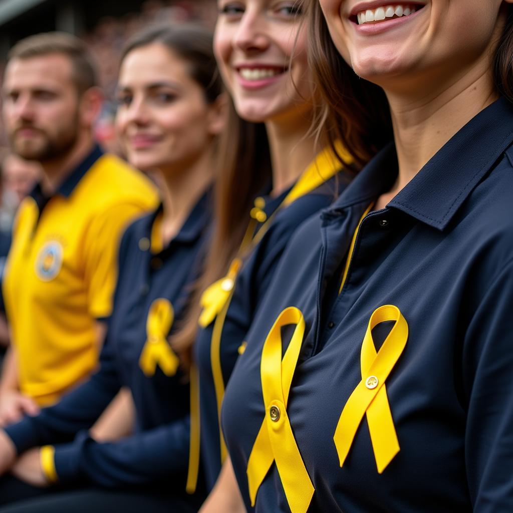 Người hâm mộ đeo huy hiệu yellow ribbon pins