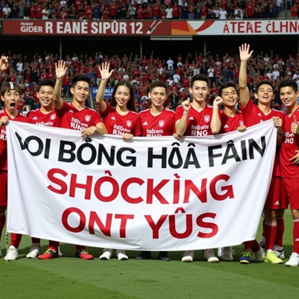 Football fans holding a banner with a shocking pun