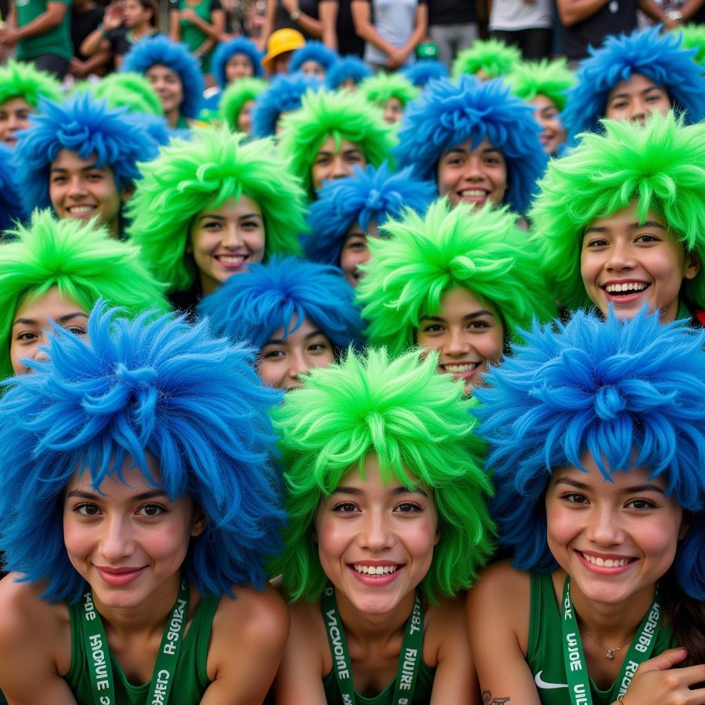 Người hâm mộ đội bóng đá với green and blue wig