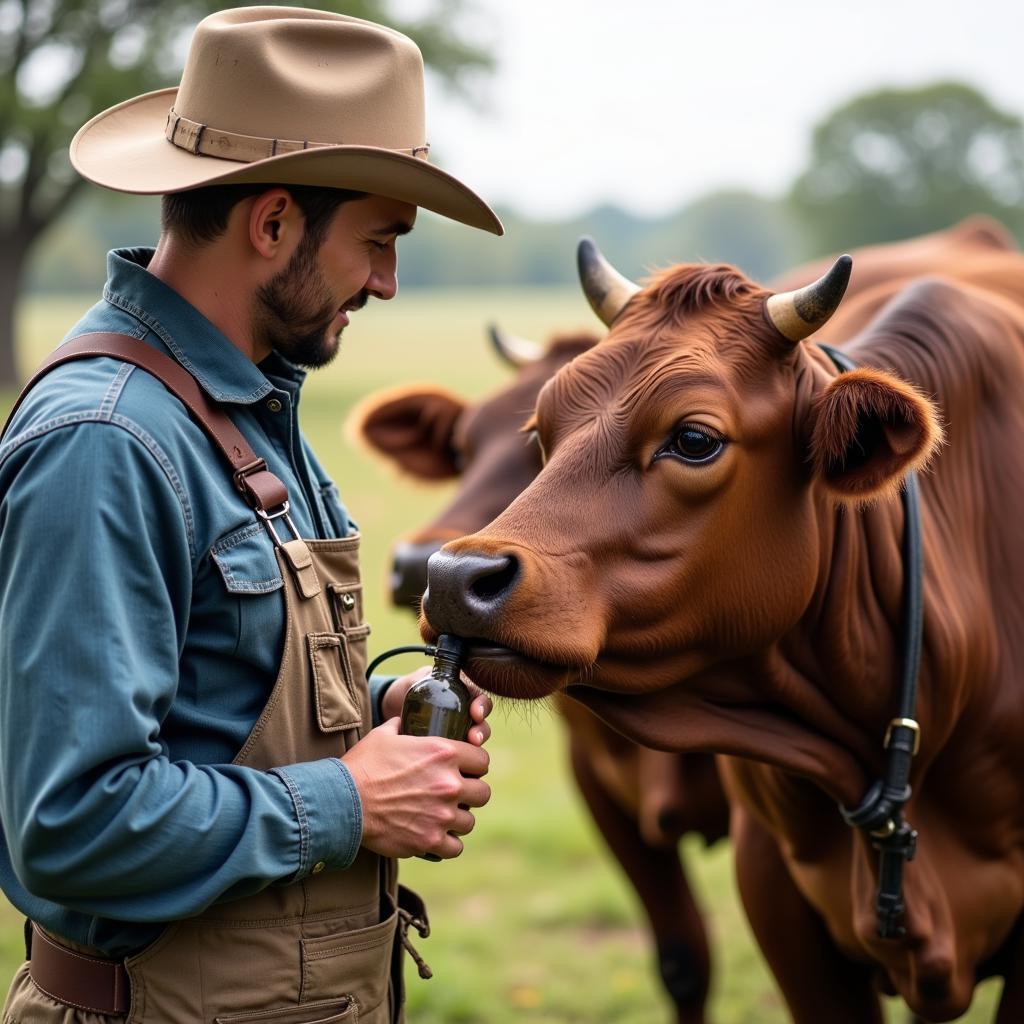 Farmer Checking on a Cow's Health