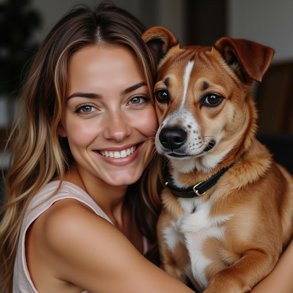 A woman hugging her dog