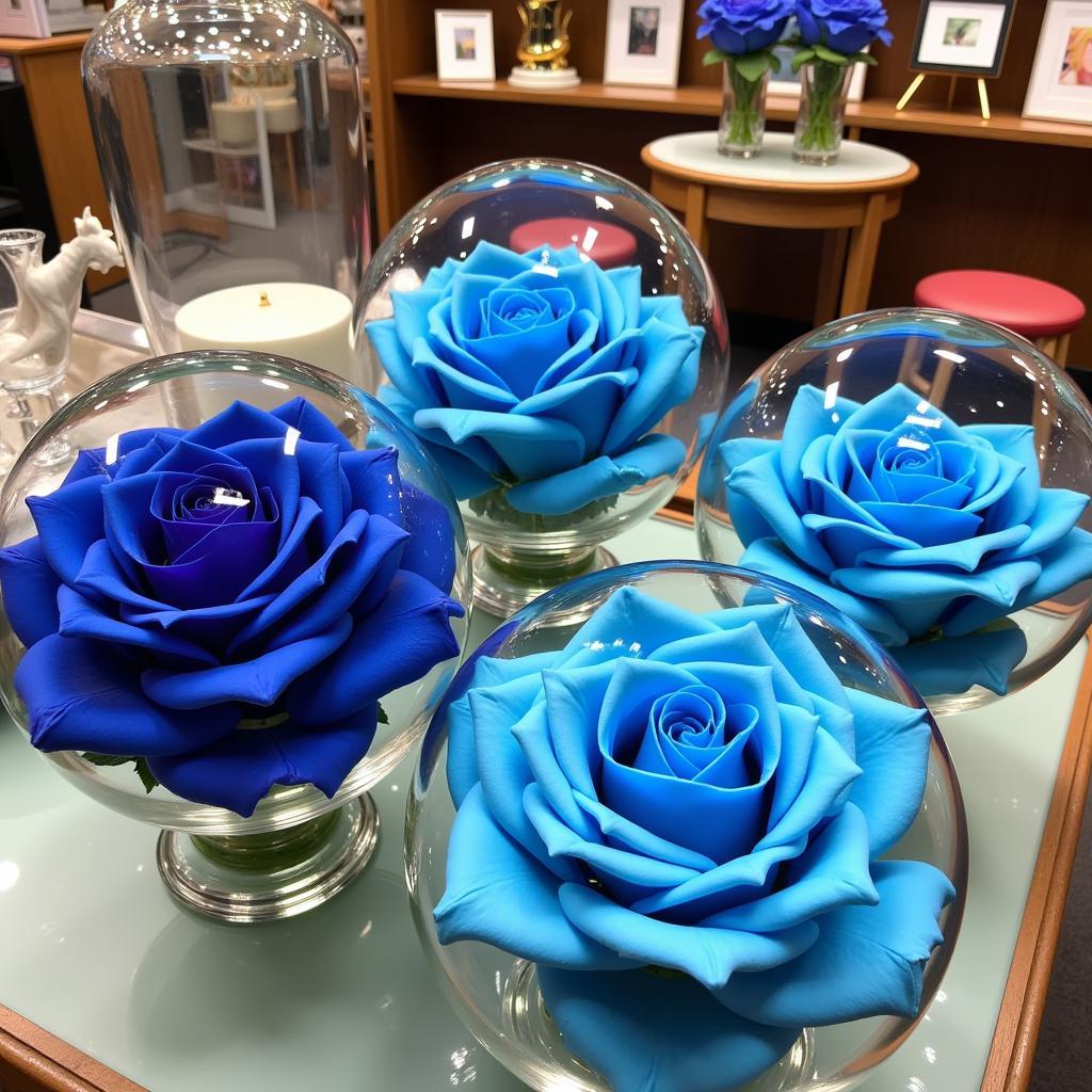 Multiple glass balls containing blue roses displayed for sale.