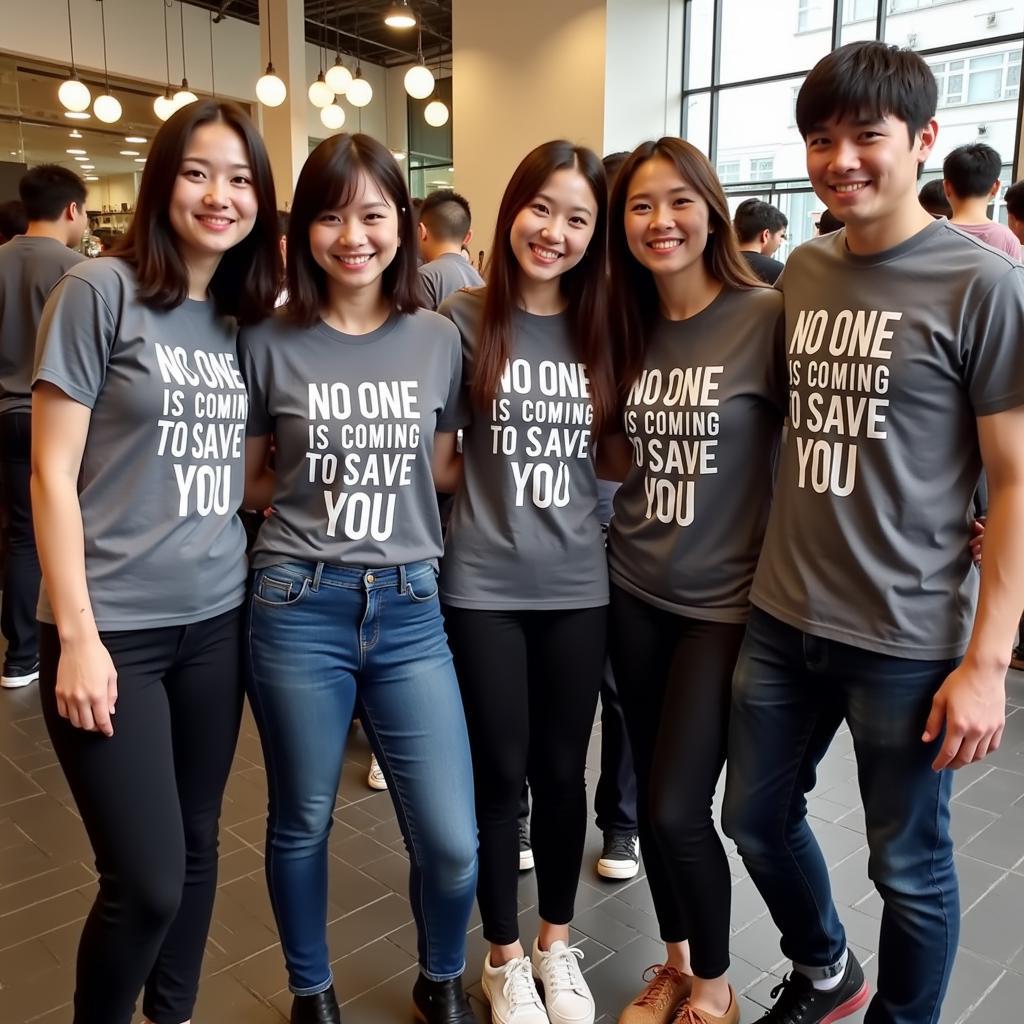 Group of fans wearing "No One Is Coming To Save You" shirts together, united in their support for "Đội Bóng Đá."