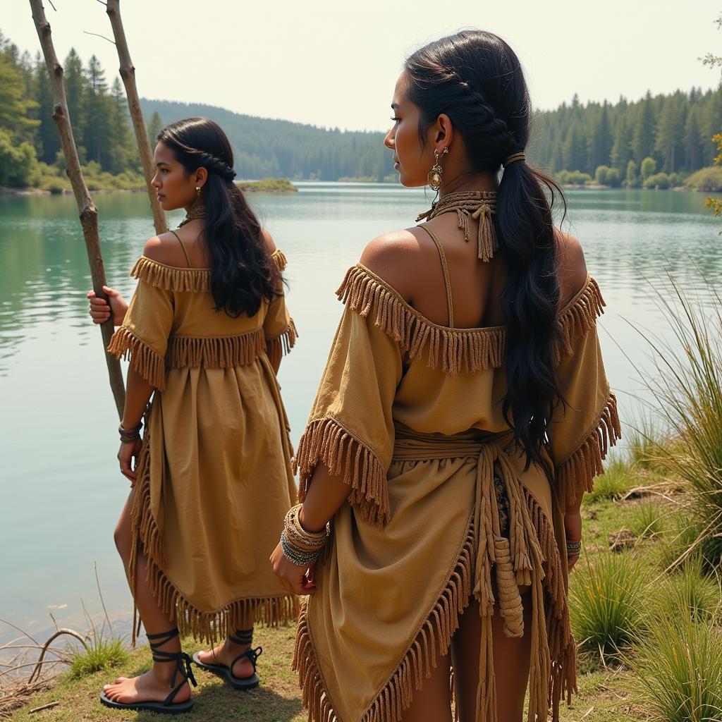 Native American Women Wearing Traditional Clothing by the Water