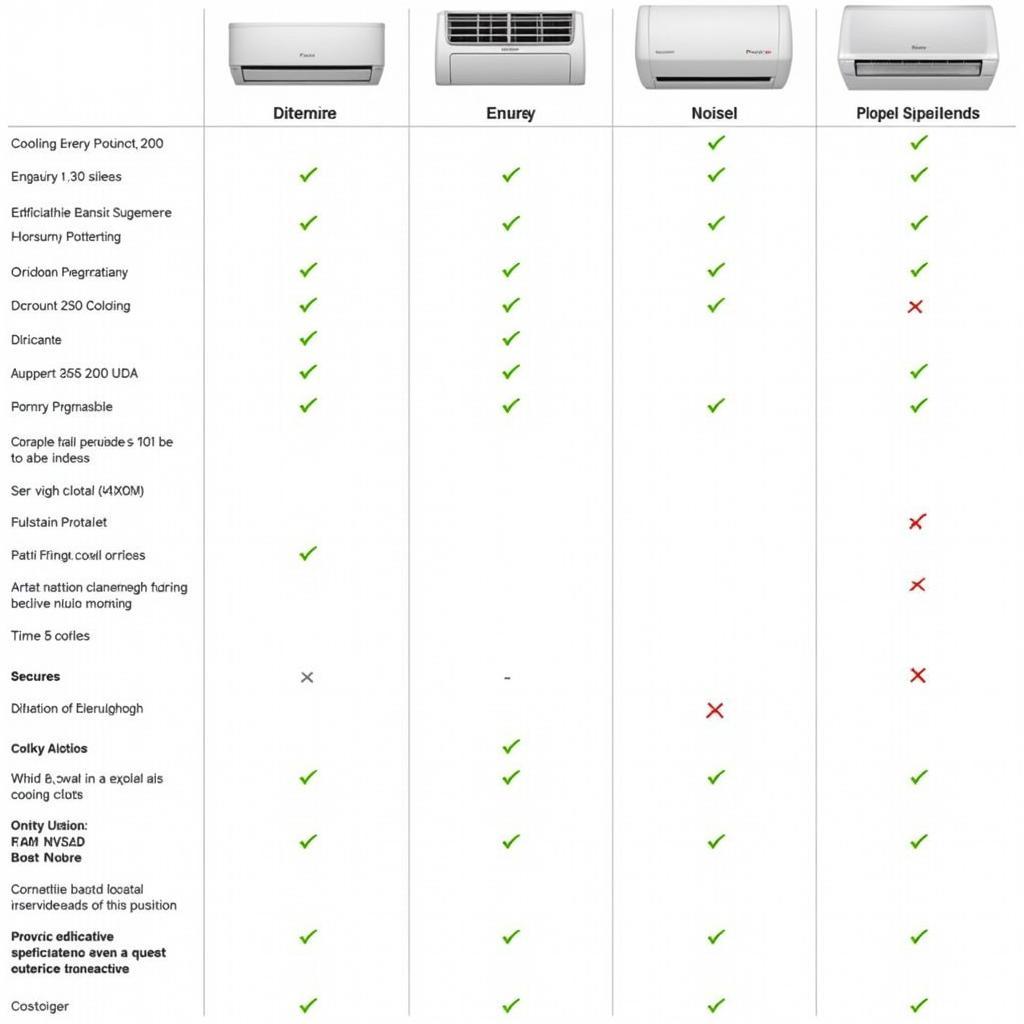 Comparison chart of different Provic AC models