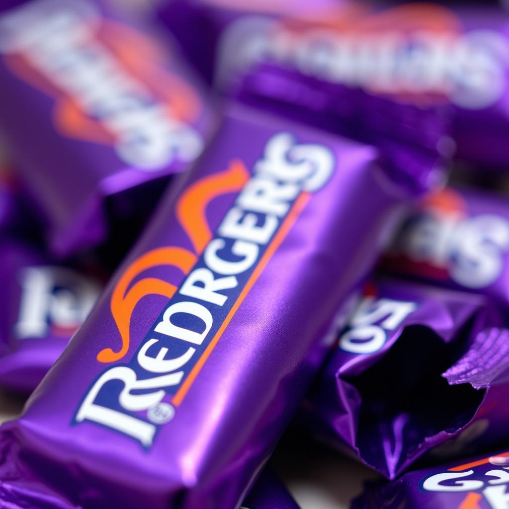 Close-up of a purple-wrapped candy bar