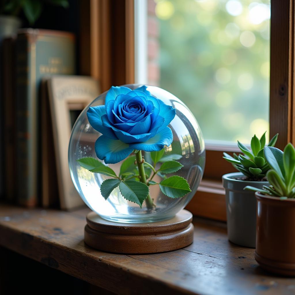 A glass ball containing a blue rose displayed on a wooden shelf.