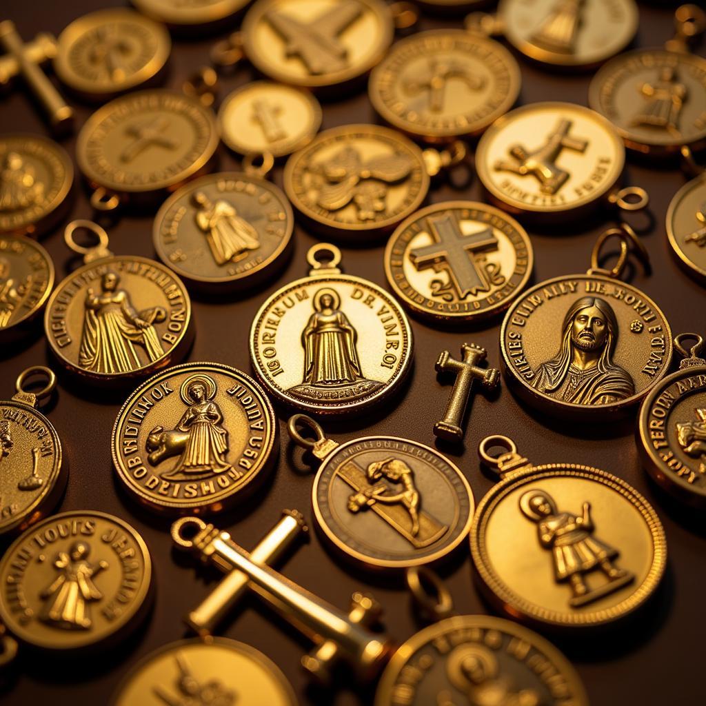 Close-up of various gold religious medals