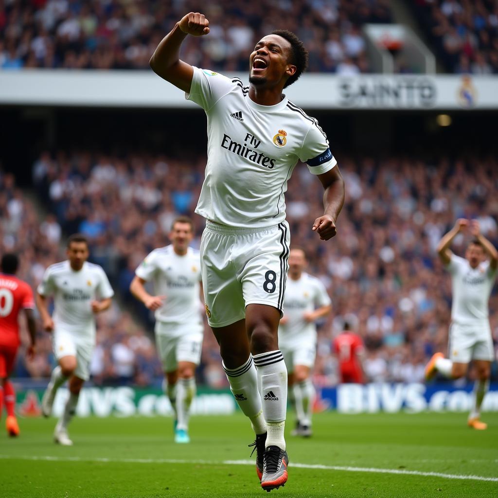 Robinho celebrating a goal in his Real Madrid jersey