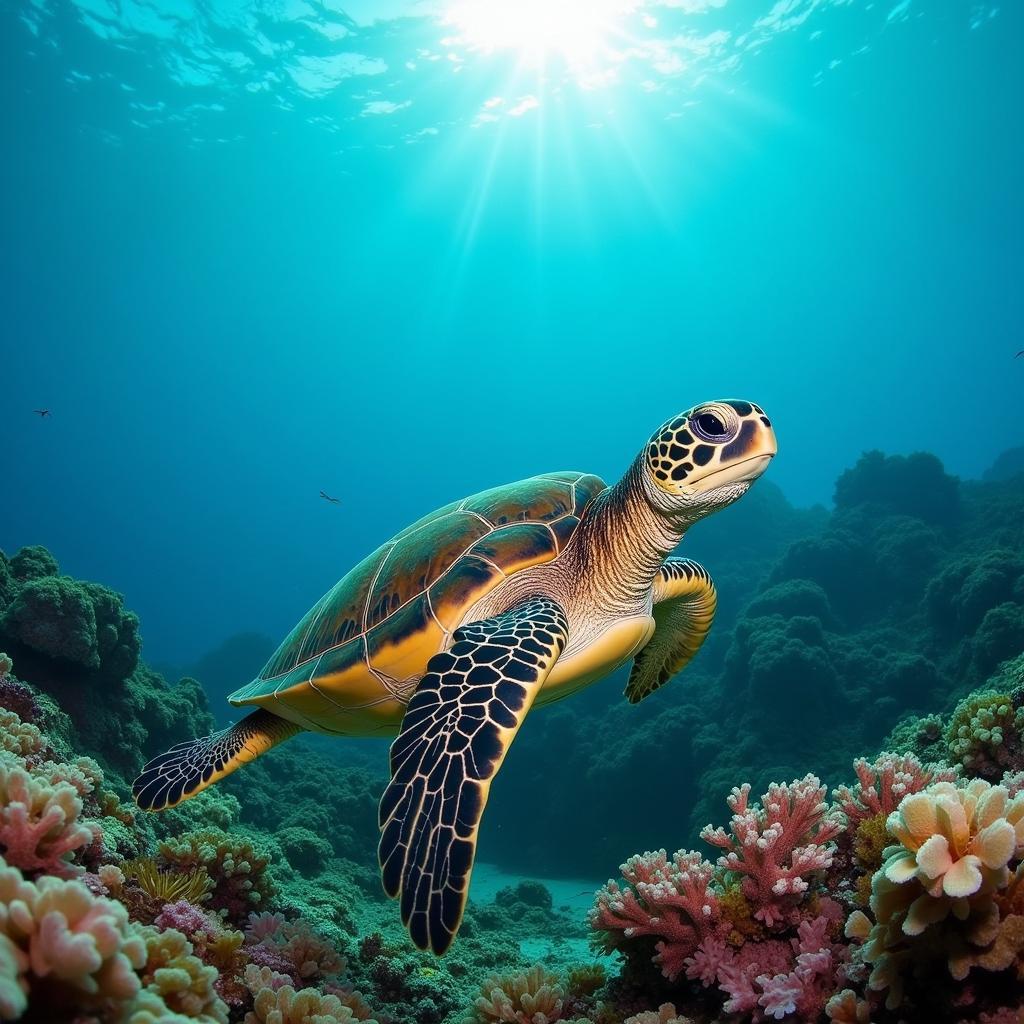 Rùa biển Hawksbill đang bơi ở vùng nước trong xanh của Seychelles