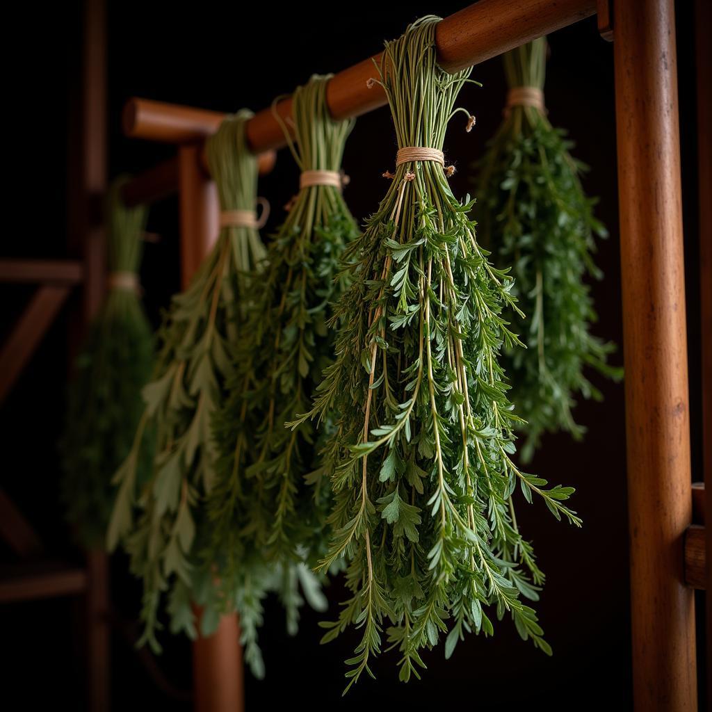 Drying herbs by hanging them upside down